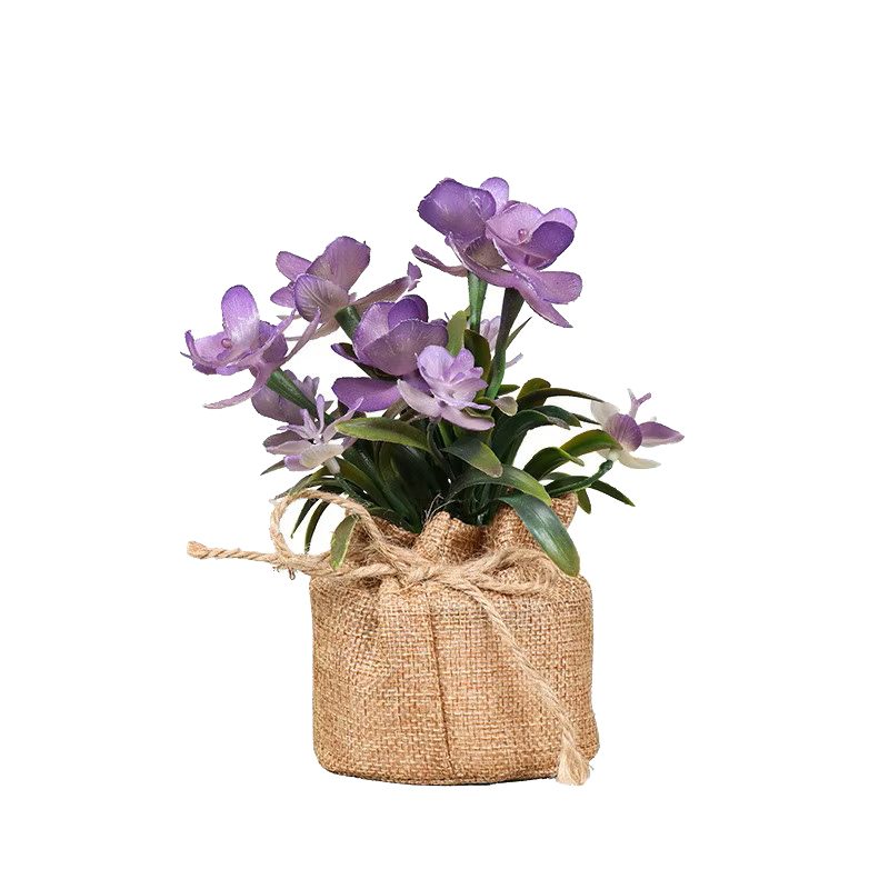 Kunstplantje in jute pot 6 paars klein bloemig azalea
